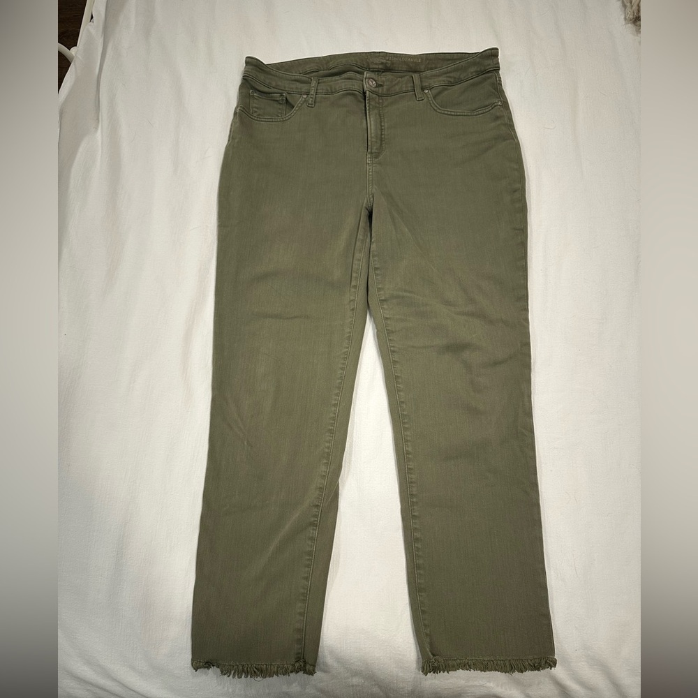 Chico's So Slimming olive green frayed ankle jeans, size 14